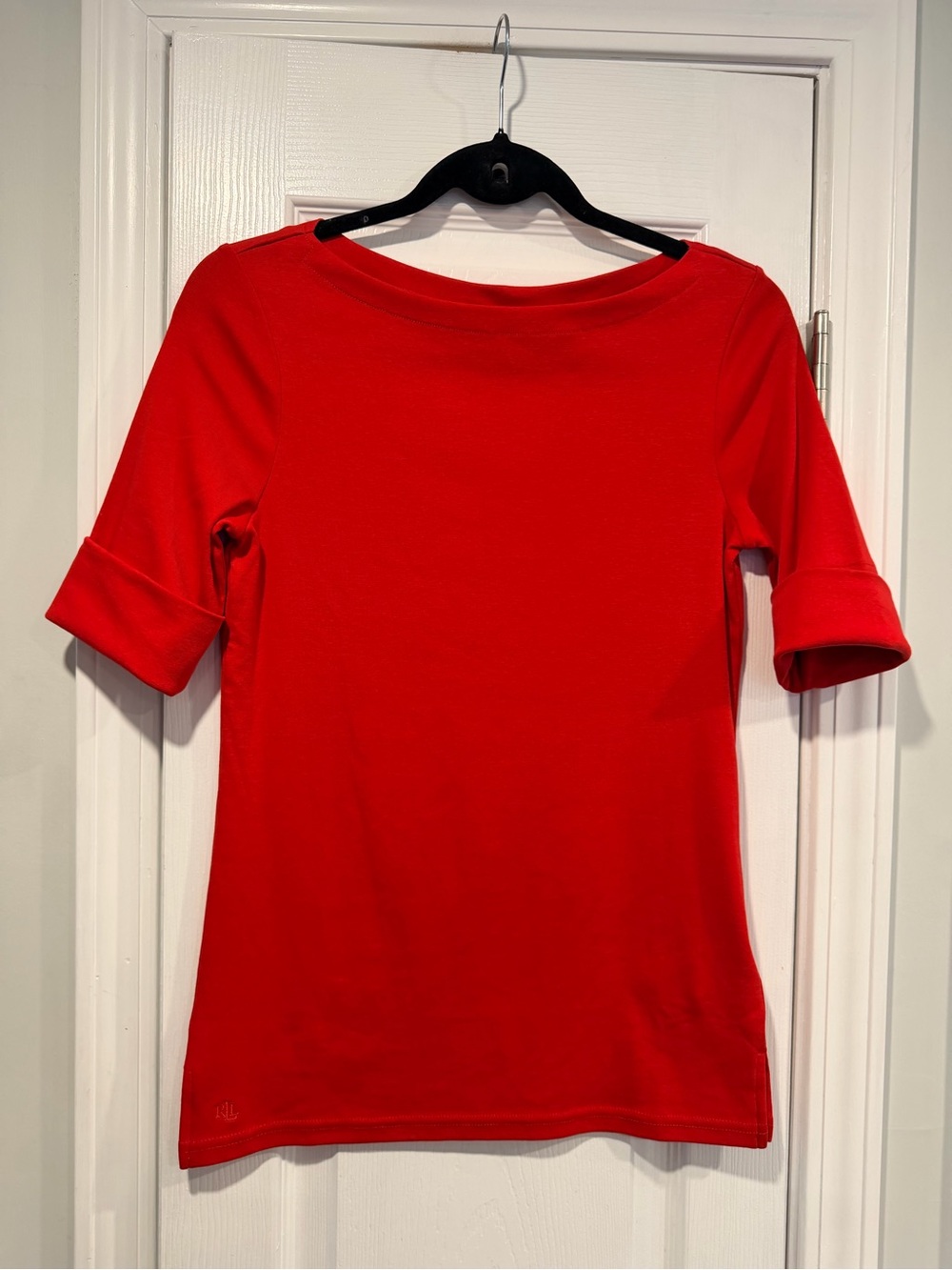 NWOT LRL Lauren Ralph Lauren Size XS Red Boat Neck Cuffed Sleeve Top Cotton